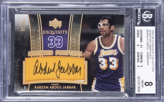 2005-06 UD "Exquisite Collection" Scripted Swatches #SSKA Kareem Abdul-Jabbar Signed Patch Card (#22/25) - BGS NM-MT 8/BGS 10